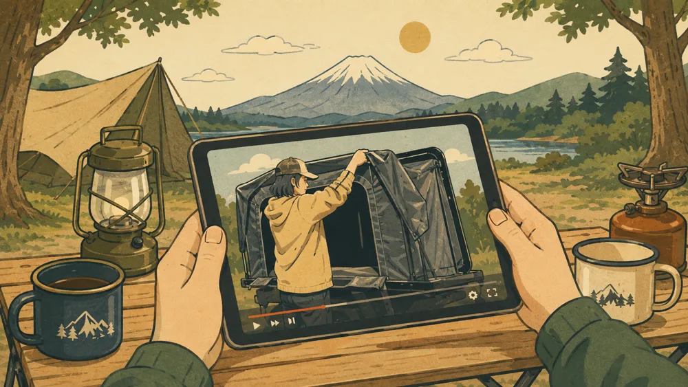 キャンプ場でiPadを手に、ルーフテントの設営動画を見ている様子（富士山を望むレトロイラスト）